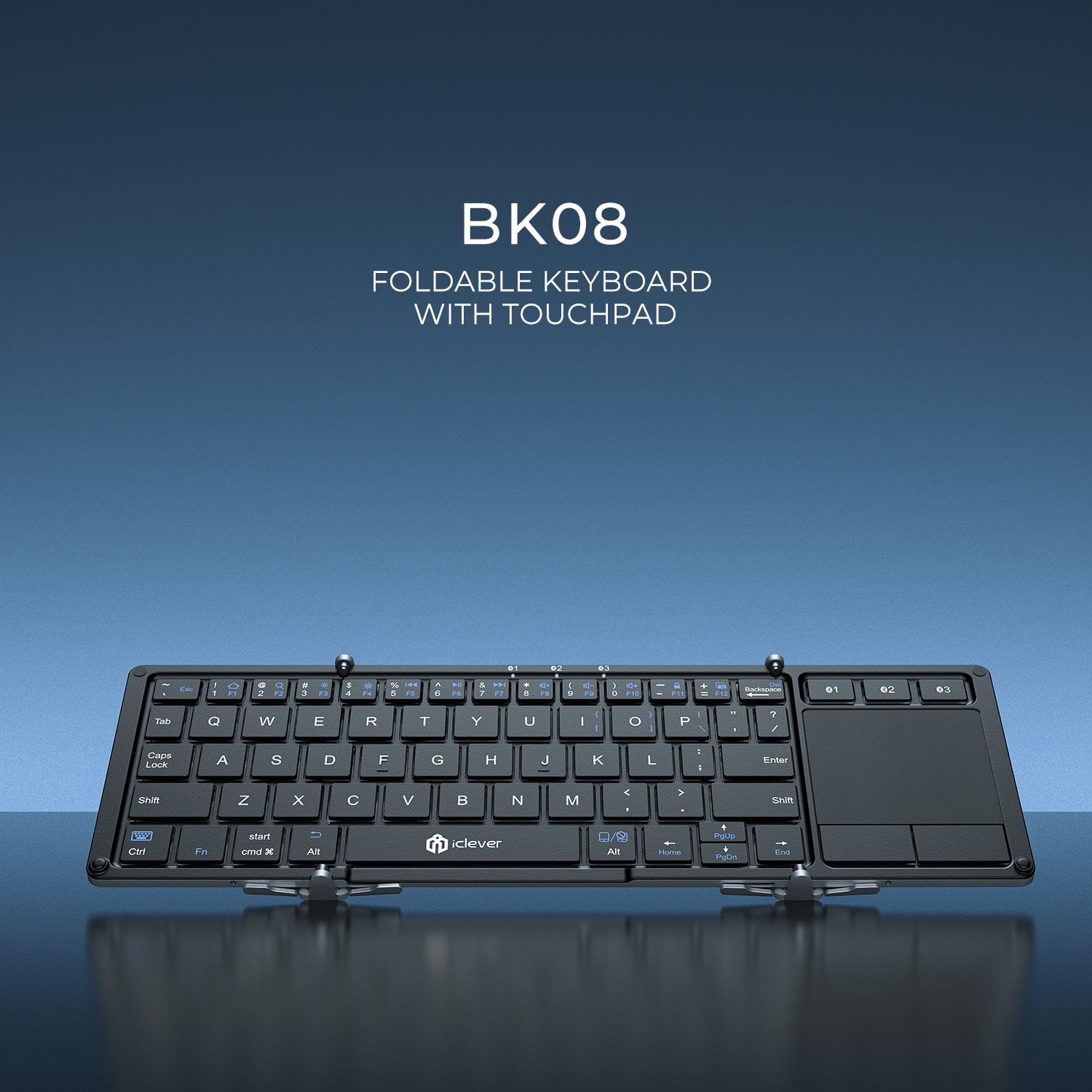 iClever BK08 — a folding tri-fold Bluetooth keyboard with an integrated touchpad