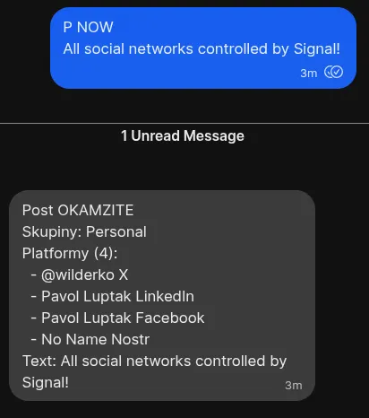 Signal conversation showing social media post being sent to all platforms via Signal Bot