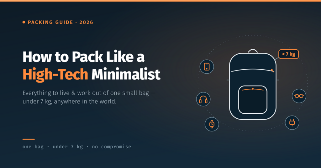 A small backpack surrounded by minimalist high-tech travel gear, under 7 kg