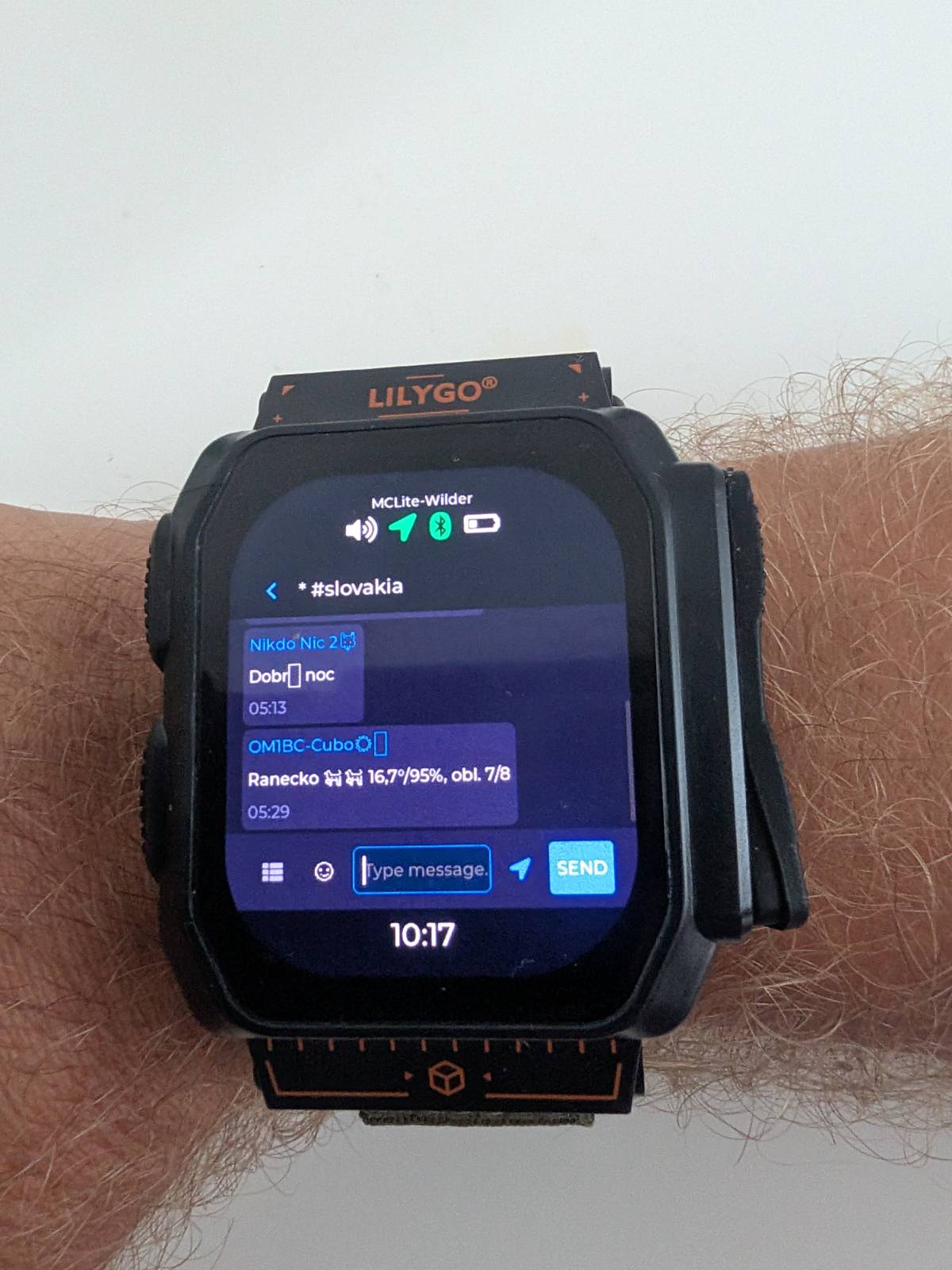 LilyGo T-Watch Ultra running MCLite, showing the #slovakia MeshCore channel