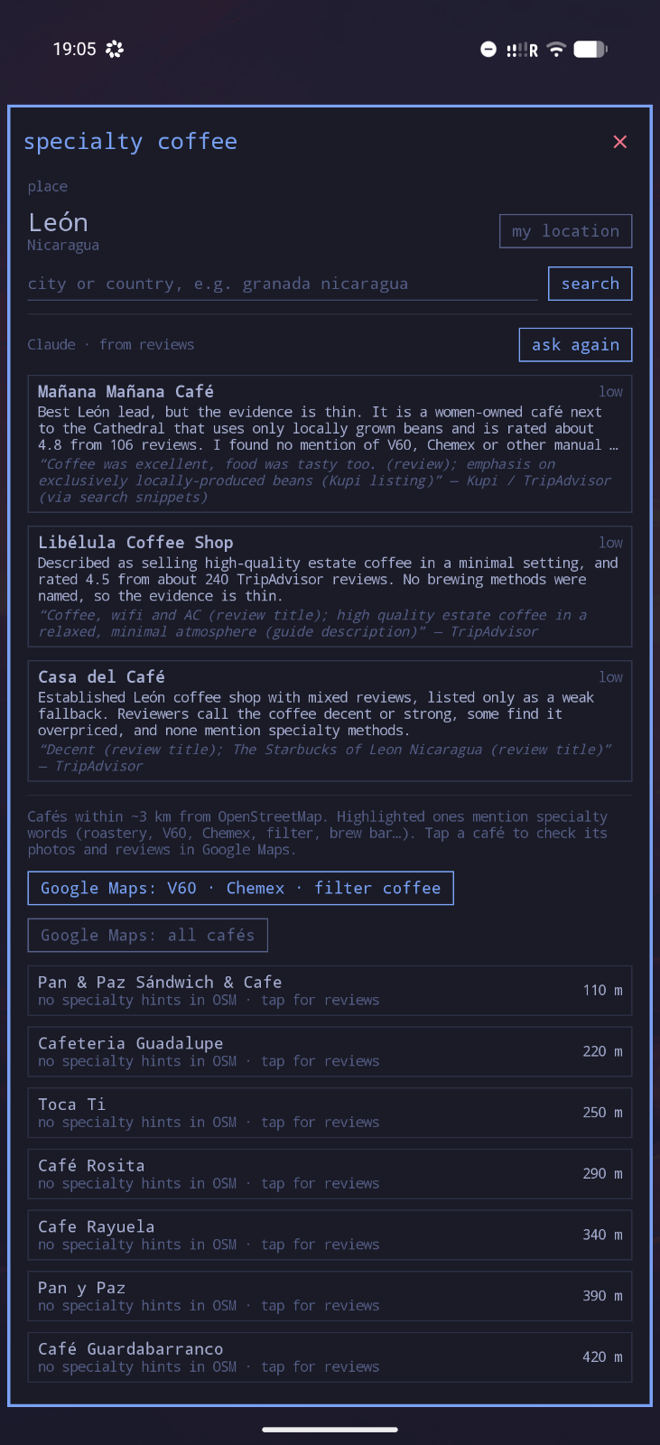 The specialty coffee widget full screen: cafés in León, Nicaragua, three picks by Claude and a list of cafés from OpenStreetMap