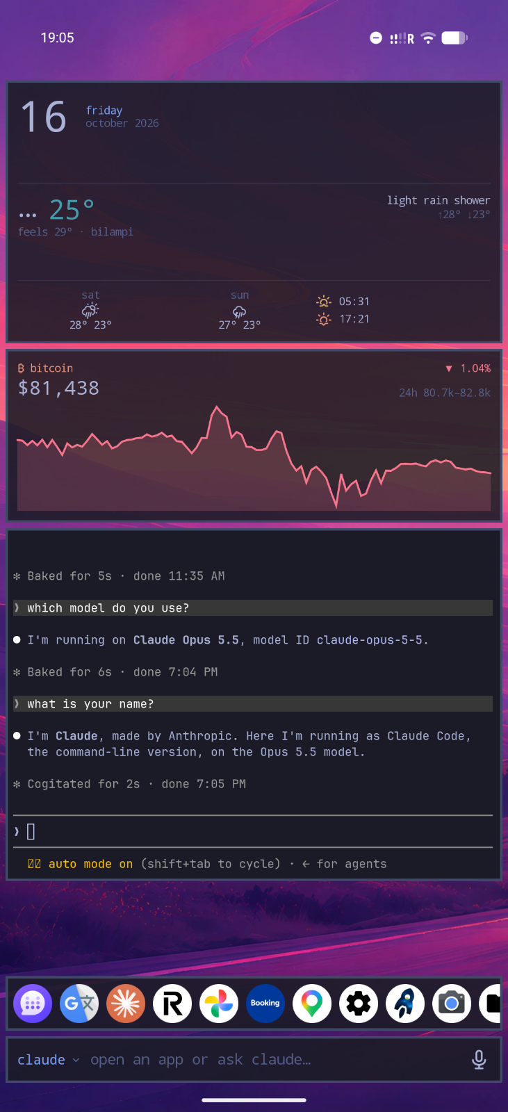 First page: date and weather, a bitcoin price chart and a terminal running Claude Code