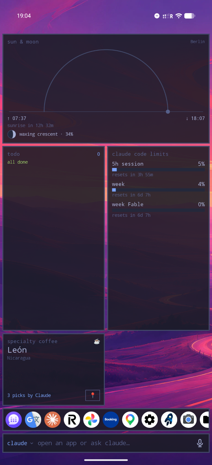 Second page: sun and moon, to-do list, Claude Code limits and the coffee widget