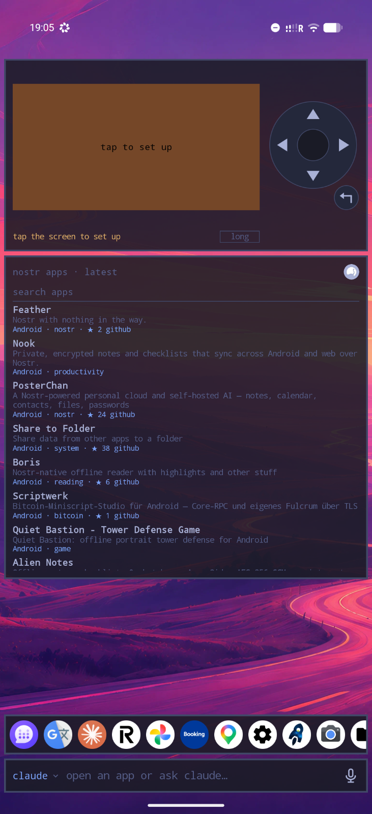 Third page: a Flipper Zero widget and the newest Nostr apps