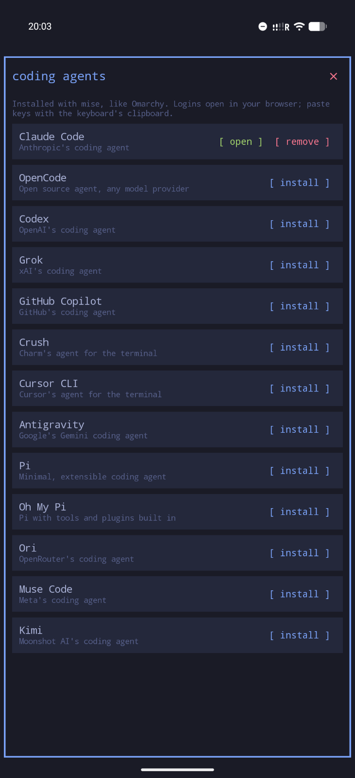 The list of 13 coding agents that Omalauncher installs with mise