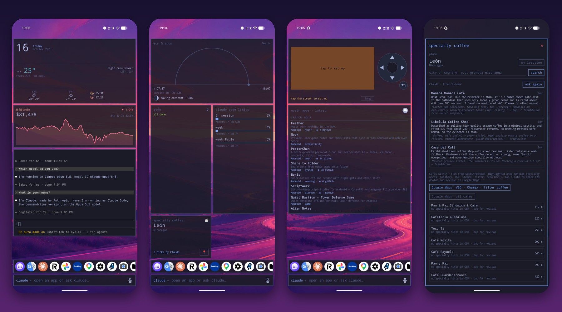 Omalauncher on my phone: three pages of widgets and my own app for finding specialty coffee