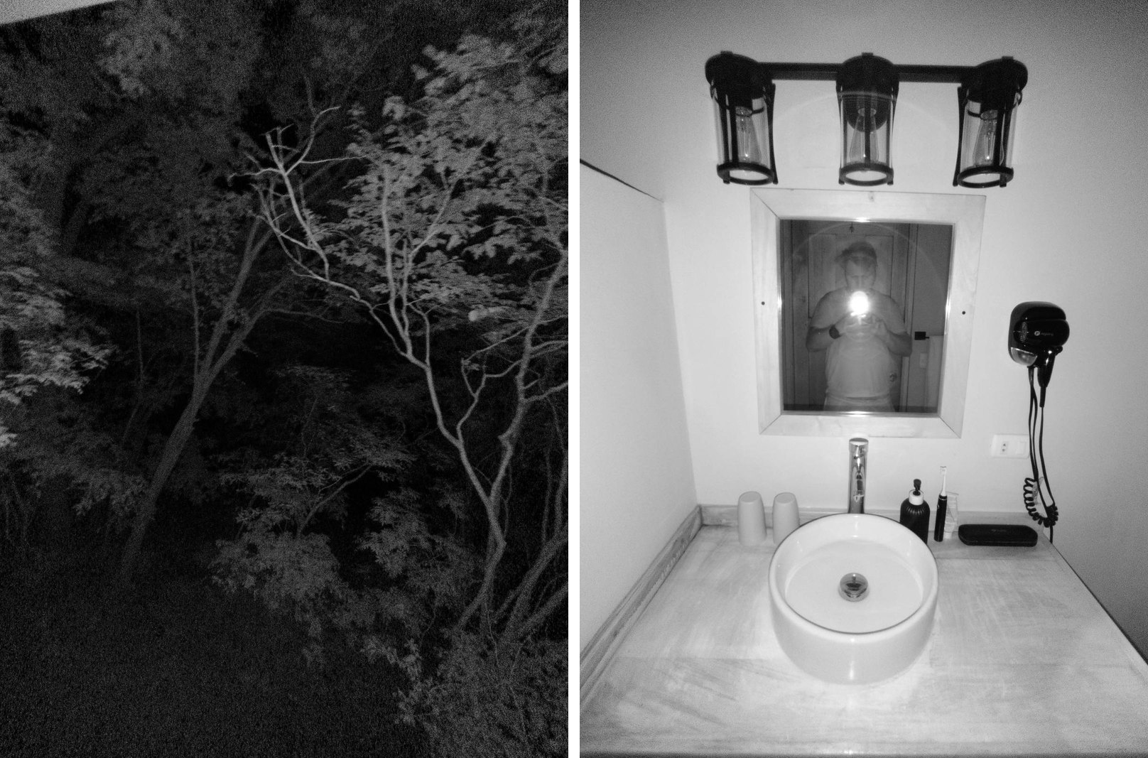 Night vision shots from the Tank 5 Pro: trees in a forest at night and a bathroom mirror