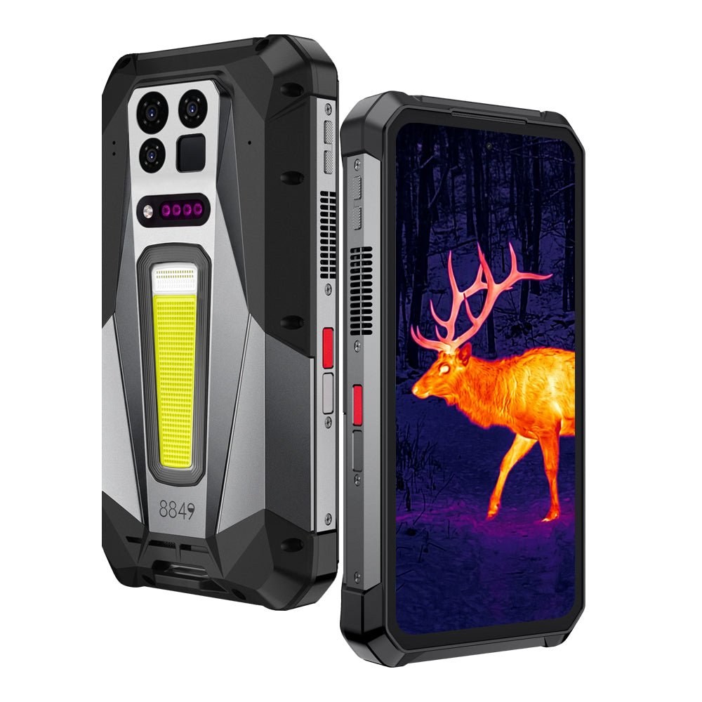 8849 Tank 5 Pro rugged phone, back and front with a thermal image of a deer
